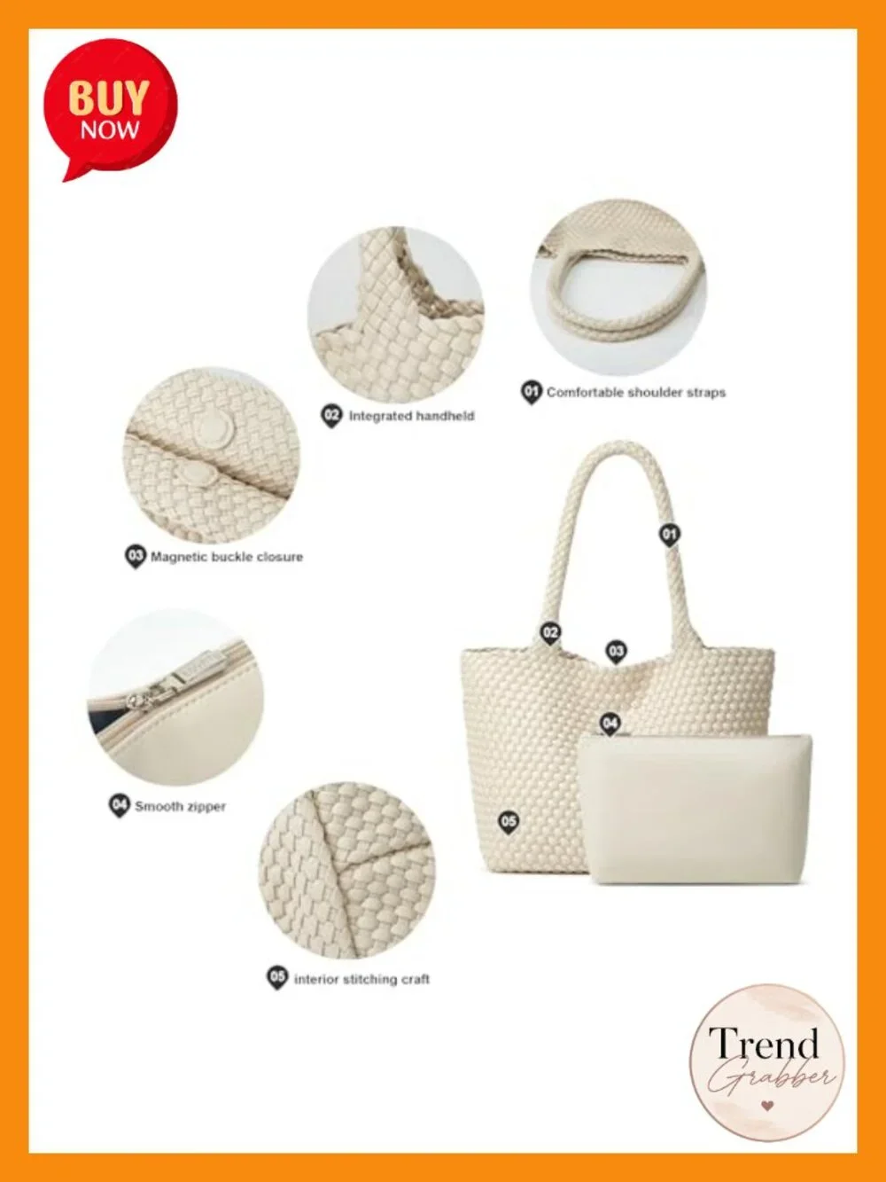 Vegan Leather Woven Tote Bag with Detachable Clutch Magnetic Closure